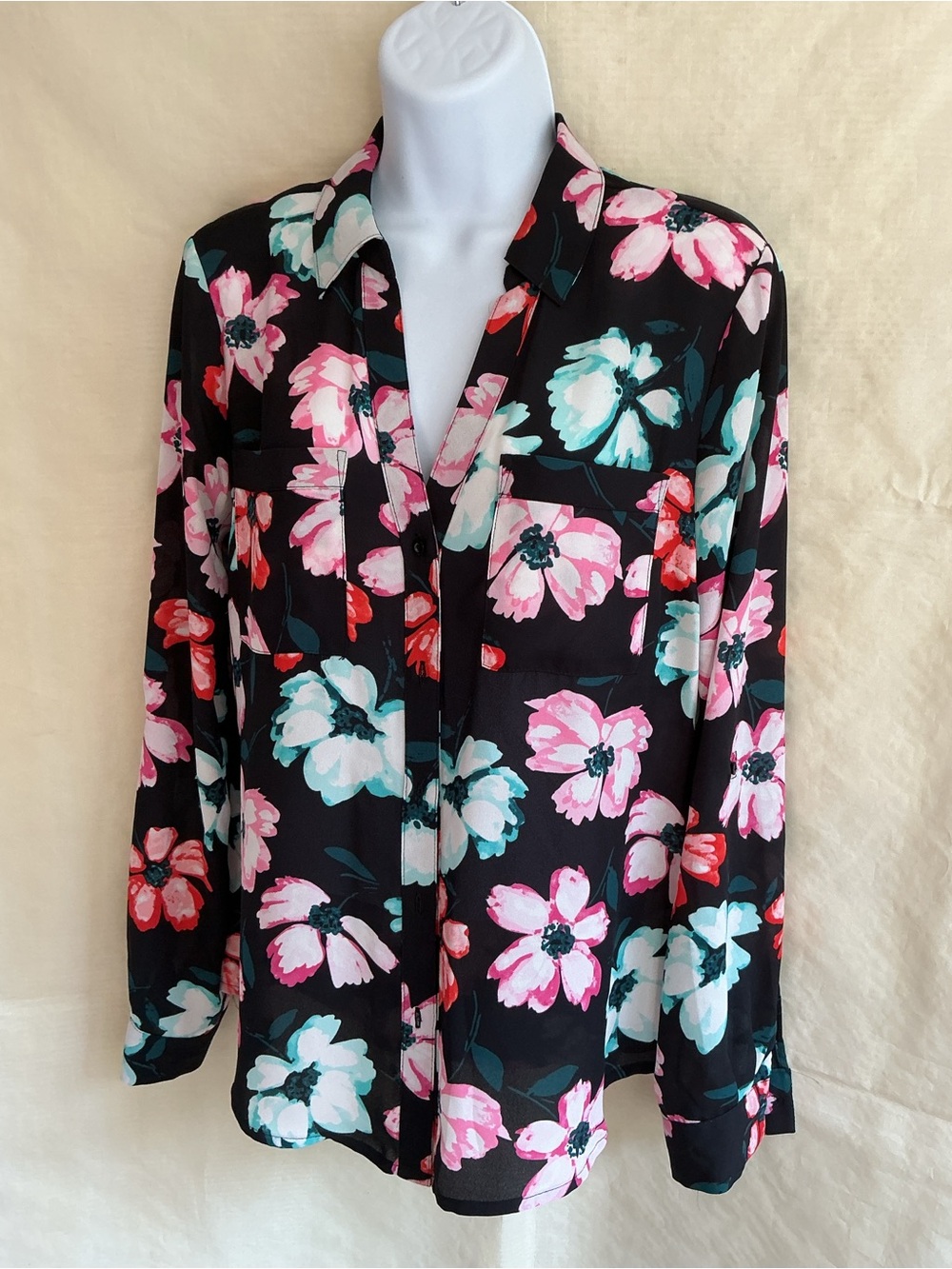 Candie's Black Button-Front Shirt with Pink & Aqua Floral Print